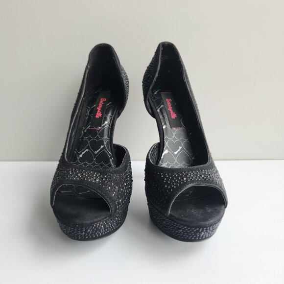 Betseyville Betty Johnson 6.5 Y2K Black w/ Gems Peep Toe Pumps Platform Stiletto - Picture 2 of 9